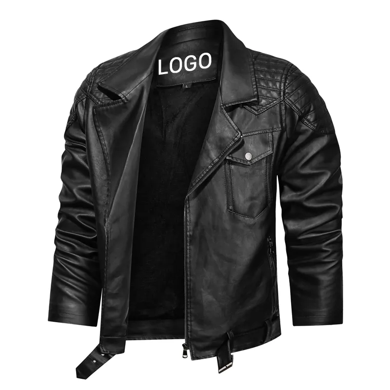OEM PU Leather Free LOGO custom lapel vintage brand leather jacket Long Sleeves Zipper Pockets Fur Style Black Men Jacket