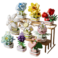 9 Pcs Set Blok Bangunan Mini Bunga dalam Pot Mawar Lily Daisy Lavender Model Tanaman dari Bata dengan Dudukan Kayu Dekorasi DIY Hadiah