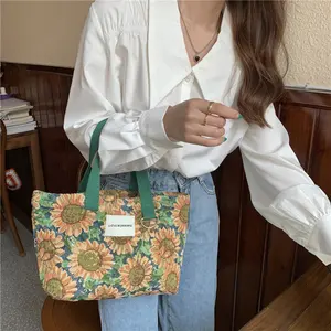 Bolsa de ombro de lona de girassol reutilizável estilo retrô ecológico de design personalizado, sacola casual de verão simples para mulheres