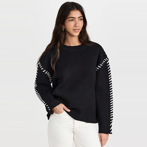Pull en maille contrastée noir uni élégant pour femme, fait sur mesure, pull d'hiver - Product Image 5