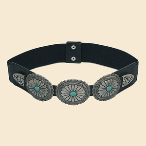 <span class=keywords><strong>Ceinture</strong></span> élastique vintage JULUN pour <span class=keywords><strong>femme</strong></span>, style western, avec concho en PU, boucle en alliage, motif floral turquoise, extensible, couleur argent - Product Image 1