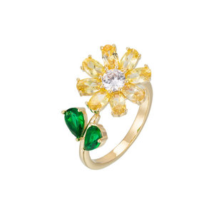 My Muyu Forest Style Sunflower Open Ring Gold Tone Zircon Pave Setting Adjustable Index Finger Jewelry Gift - Product Image 5