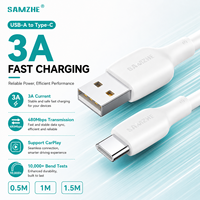Câble de charge USB-A 2.0 vers Type-C SAMZHE 1m blanc 480 Mbps, charge rapide 3A, gaine en PVC pour iPhone/iPad/Samsung/Huawei/Xiaomi