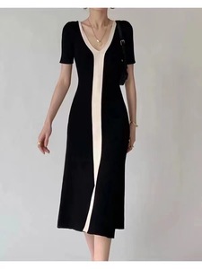 Abiti dal Design alla Moda con Scollo a V, Maniche Corte, Contrasto di Colori, Vestito Estivo in Maglia Femminile, Slim, <span class=keywords><strong>Vintage</strong></span> ed Elegante - Product Image 4