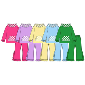 Ensemble de vêtements pour enfants, tenues de printemps et d'automne, vêtements pour filles, couleur unie, volants, sweat à capuche à carreaux - Product Image 1