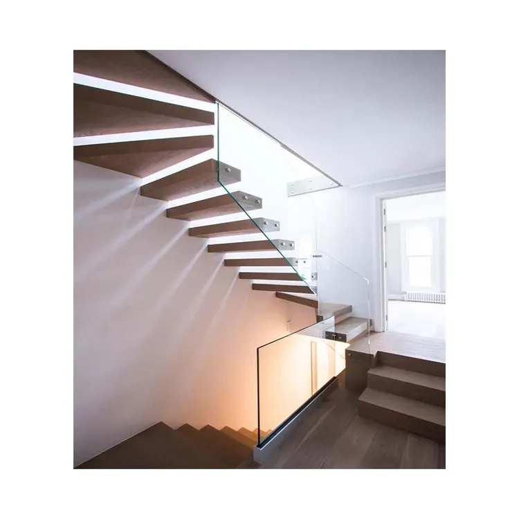 Fabricant chinois d'intérieur Maison Escaliers flottants Marches en bois Rampe en verre Conception d'escalier