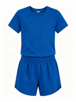 Ensemble décontracté 2 pièces pour enfants, couleur unie, t-shirt à manches courtes à col rond et short à taille élastique, tenue de détente pour enfants