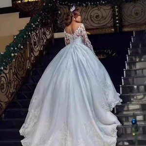 Off-Shoulder Lace Ball Gown Wedding Dress White Long Sleeves Embroidery Empire Waistline Full Train - Product Image 4