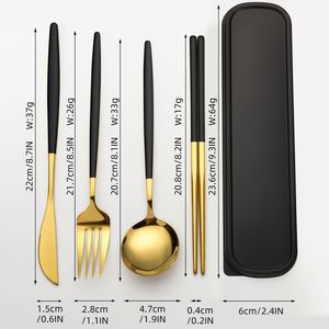 Ensemble de couverts portables en acier inoxydable de haute qualité avec logo personnalisé, couteau, fourchette, cuillère, baguettes dorées, moderne pour étudiants et bureau - Product Image 2