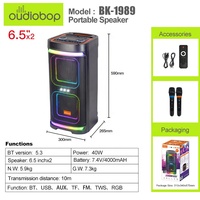 Altavoz Exterior para el Hogar de 40 W, Doble Woofer de 6.5 Pulgadas, Luz RGB Cuadrada con Efecto Arcoíris, Audio Portátil, Batería de Litio de 7.4 V y 4000 mAh, Dos Micrófonos Inalámbricos