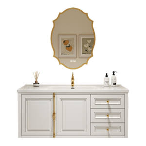 Puerta de gabinete de estilo retro europeo en color blanco perla con espejo redondo inteligente para baño. - Product Image 1