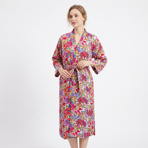 Beautiful 100%Cotton Floral Printing Kimono <b>Robe</b> for <b>Women</b> Full-Length Indian Kimono Summer & Spring Bathroom Lace Dressing Gown - Product Image 1