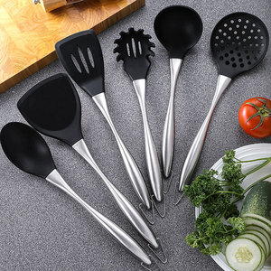 Stainless Steel Handle Silicone Kitchen Utensil Set 9 Piece Heat Resistant Spatula Ladle Strainer <b>Cooking</b> Tool Set - Product Image 1