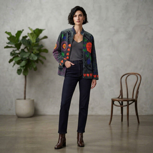 Veste en velours gris Suzani de qualité supérieure pour femme, broderie florale multicolore faite à la main, style bohème, vente en gros, vêtements d'extérieur - Product Image 1