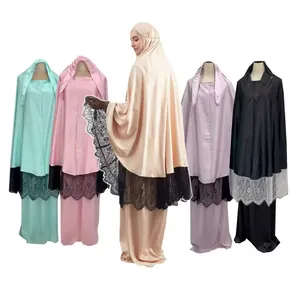 2024ホット販売マレーシアイスラム教徒フリーサイズパーカーサテンアバヤレディース着用ツーピースドレスセット女性祈りジルバブ