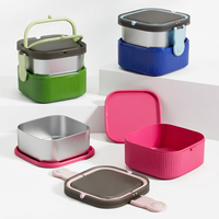 Boîte à lunch pour enfants en acier inoxydable double couche, 2 compartiments, conservation de la chaleur, compatible micro-ondes, matériau de qualité alimentaire, carrée