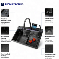 Évier de cuisine simple en acier inoxydable 304 avec robinet cascade, affichage LED, nano anti-rayures, noir, à poser sur comptoir