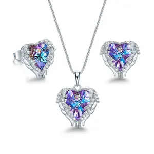 Fine Jewelry 925 Sterling Silver Peach Heart Crystal Diamond Angel Wings Love Necklace And Earrings Set