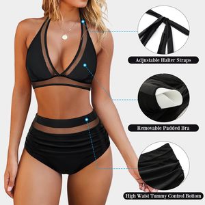 Women Mesh High Waisted Bikini Set Deep V Neck <b>Tummy</b> <b>Control</b> Swimsuit Bathing Suit 2 Piece Set - Product Image 4