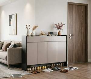 Meuble à chaussures moderne et mince, écologique et durable, avec rangement inférieur ouvert, organisateur <span class=keywords><strong>d</strong></span>'entrée à 3 portes, finition beige et noir, gain de place, pour salle de sport - Product Image 3