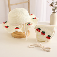 Conjunto de Sombrero de Paja de Ala Ancha y Bolso de Hombro con Diseño de Cerezas de Verano, para Adultos, Casual, para Viajes al Aire Libre, con Rayas, Lindo, Unisex, 3D