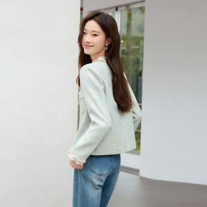 Chic Short Blazer With Lace Trim Light Green Solid Color Woven Polyester Women's Jacket Autumn 2025 French Style Top - Product Image 3
