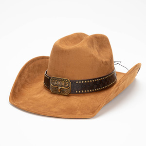 Sombrero Vaquero Occidental <span class=keywords><strong>de</strong></span> Ala Ancha <span class=keywords><strong>de</strong></span> Gamuza Marrón con Hebilla Metálica <span class=keywords><strong>de</strong></span> TEXAS, Banda <span class=keywords><strong>de</strong></span> Cuero con Remaches, Unisex, Moda Casual para Exteriores, Uso Diario - Product Image 1