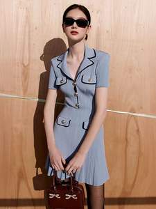 Mini <span class=keywords><strong>abito</strong></span> da donna a maniche corte lavorato a <span class=keywords><strong>maglia</strong></span> bianco o <span class=keywords><strong>blu</strong></span> a vita alta primavera donna bottoni con colletto rovesciato abiti a trapezio - Product Image 3