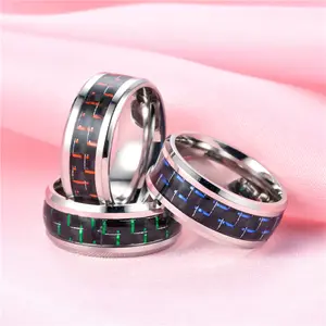 Joias populares punk 8mm O forma anéis de dedo para casal prata preto aço inoxidável fibra de carbono anéis de dedo