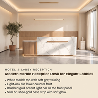 Comptoir de réception moderne en marbre avec façade en lattes de bois et finition dorée pour hôtel, salon, bureau, clinique - Vente en gros de mobilier