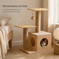 Arbre à chat en bois massif et sisal, 2 niveaux, griffoir, maisonnette pour chat d'intérieur, 68 cm