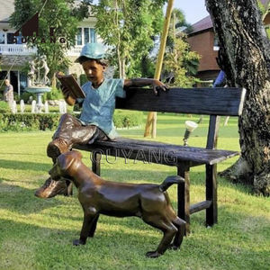QUYANG decoración al aire libre Metal Tamaño Real Jardín sentado Banco bronce niño lectura <span class=keywords><strong>libro</strong></span> escultura con perro - Product Image 1
