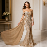 Robe de soirée sirène à épaules dénudées, faite main, ornée de strass et de perles, avec fente latérale haute et traîne en mousseline, pour Gala/Invitée de mariage