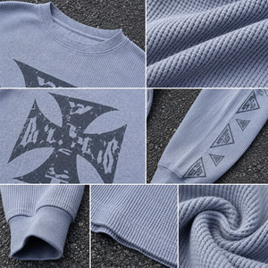 Chemise à manches longues pour homme en coton 100% surdimensionnée, tricot gaufré épais, imprimé graphique croix de fer gothique, style vintage streetwear personnalisé - Product Image 5