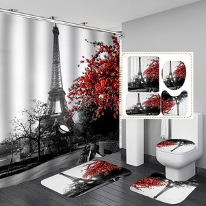 4Pcs Paris Tour Eiffel Rideau de <span class=keywords><strong>Douche</strong></span> Set de Salle de Bain Décor avec Tapis Antidérapant Tapis de Bain en Forme de U Couvercle de Toilette Imperméable - Product Image 4
