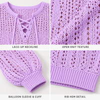 Pull personnalisé pour femme en maille ajourée, col lacé, manches longues bouffantes, idéal pour les vacances