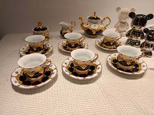 Complete Cobalt Blue Gold Embossed Floral Bone China Tea Set With <b>Teapot</b> Cups Sugar Creamer Baroque Style - Product Image 2