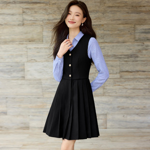 College Style Teacher Vest Dress A-Line Solid Color Turn-down Collar Comfortable Work Clothes Autumn Uniform - Product Image 2
