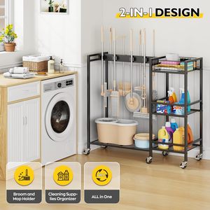 Carrello Porta Scopa Mobile in Metallo Antiruggine con Porta Mop e Ruote per Organizzazione Armadi - Product Image 3
