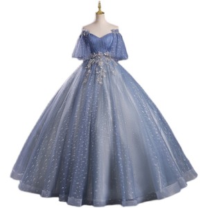 Elegant Blue Off Shoulder Tutu Gown Long Skirt Stage Performance Women's Costume Gray Blue Polyester 10-25 - Product Image 5