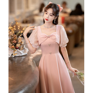 Pink A-Line Chiffon Bridesmaid Dress With Bow Sweetheart Neckline Mid-Length For Petite Women Summer Elegant Engagement Wear - Product Image 1
