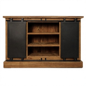 Rustic Solid Mango Wood Sideboard with Black <b>Metal</b> Sliding Doors and <b>Drawers</b> Modern Dining Room Storage Cabinet - Product Image 3
