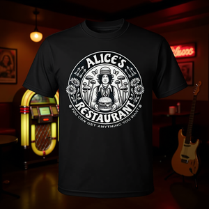 T-shirt nera unisex Alice's Restaurant a tema musicale, promozionale, taglia adulto, in poliestere, prodotta in Cina - Product Image 2