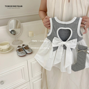 Tongxingyuan Girls Sleeveless Vest Dress Gray White Bow Summer Outfit Breathable Kids Clothing - Product Image 1