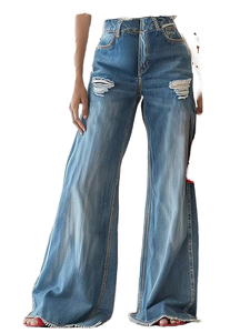 Pantalones vaqueros acampanados de cintura alta con pliegues para mujer, diseño único, lavado de verano, moda casual al por mayor - Product Image 1