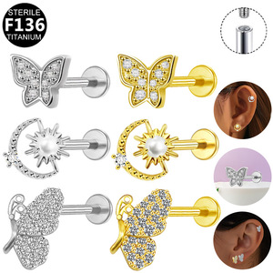 Boucles d'oreilles papillon en titane F136 avec zircon plaqué or et argent pour piercing d'oreille - Product Image 1