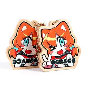 Vograce Double Sided Printed Custom Blank Wooden Key Chains Anime Cartoon Laser Cut Wood Keychain Keyring