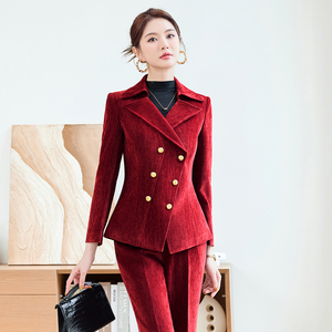 Blazers profesionales de gama alta con doble botonadura para <span class=keywords><strong>mujer</strong></span>, traje de <span class=keywords><strong>terciopelo</strong></span> grueso de manga larga para otoño e invierno con botones - Product Image 3