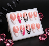 24 faux ongles à presser pour Halloween, forme amande, French manucure, motif toile d'araignée fantôme mignon, réutilisables, en acrylique, pour femmes et filles