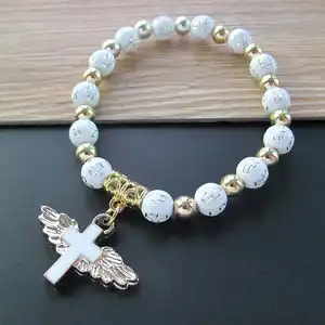 SC Hot Sale Religious Angle Gold Plated Bracelet Fashion Oil Drip Prayer Bead Bracelet Acrylic Angel Wings Cross Charm Bracelet